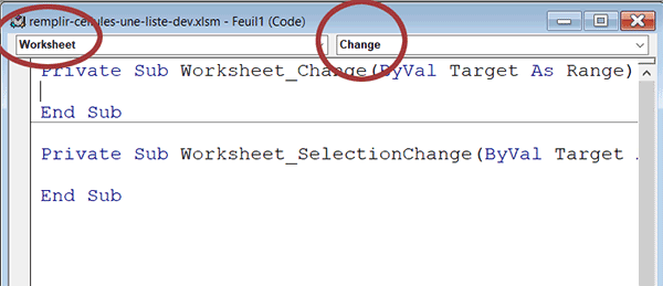 Procédure WorksheetChange pour déclencher un code VBA au changement de valeur dans une cellule de la feuille Excel