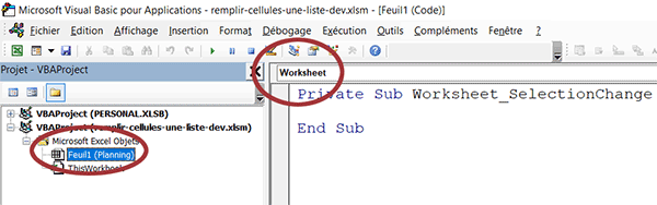 Procédure WorksheetSelectionChange pour code VBA au clic de la souris sur la feuille Excel