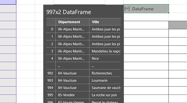 DataFrame Python représentant plusieurs colonnes du tableau Excel