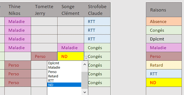 Créer et appliquer un nouveau motif d-absence dans un planning VBA Excel