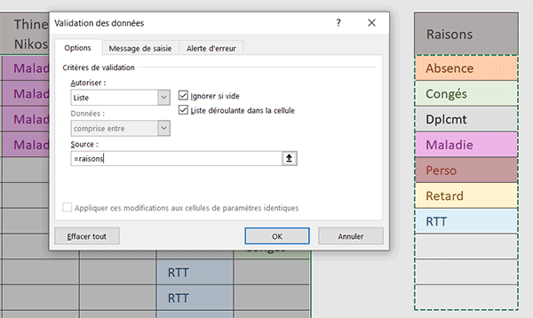 Créer de multiples listes déroulantes simultanément pour les absences dans un planning Excel