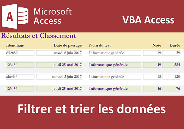 Filtrer et trier résultats candidats pour application évaluation Visual Basic Access