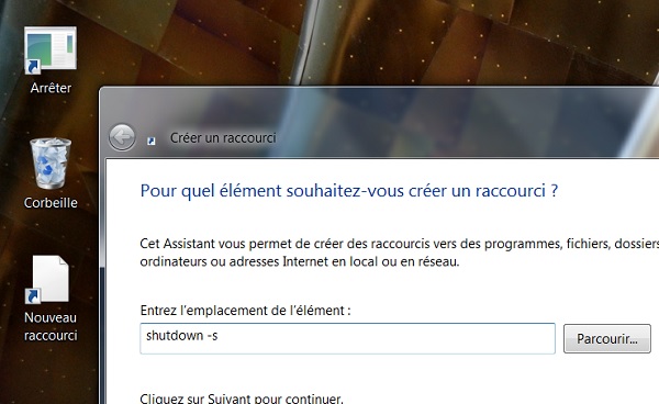Raccourci bureau pour arrêter ordinateur