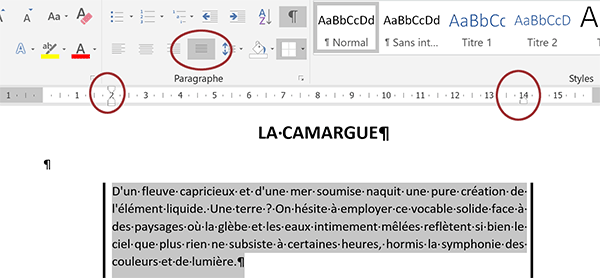 Répartir les mots sur la largeur définie par les retraits avec un alignement justifié