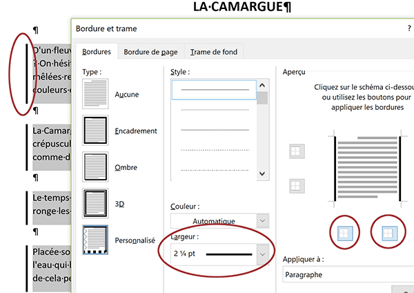 Personnaliser les bordures de paragraphes Word en réglant épaisseur et style de trait