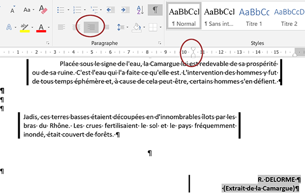 Rapprocher la bordure du paragraphe aligné à droite grâce au retrait gauche