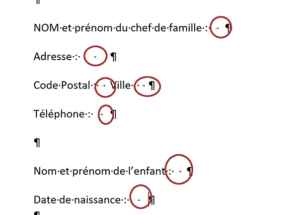 Tabulations dans les zones de réponses du bulletin de participation pour préparer les points de suite