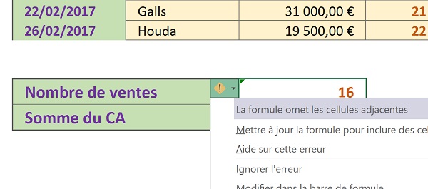 Aide contextuelle Excel pour corriger les erreurs de calculs sur les données filtrées