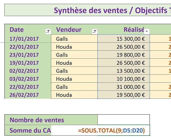 Sous total Excel des données filtrées par les critères recoupés en ignorant les lignes masquées