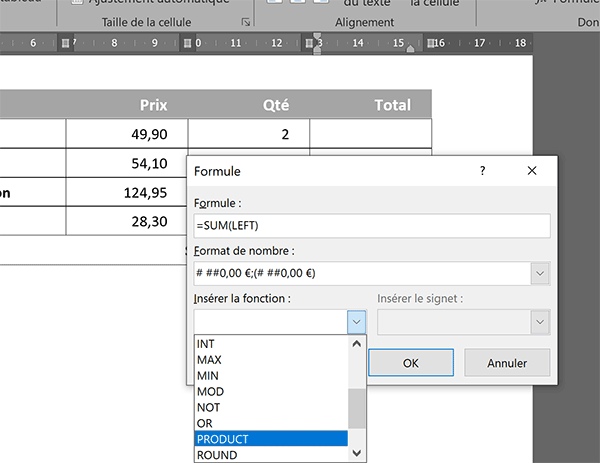 Assistant Word pour réaliser des calculs dans les tableaux