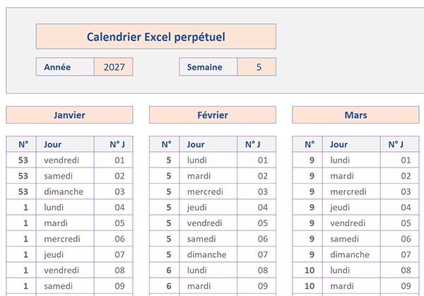 Calendrier Annuel Et Perpetuel Avec Excel