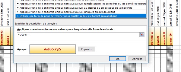 Mise en valeur dynamique des jours de semaine pour le calendrier Excel automatique