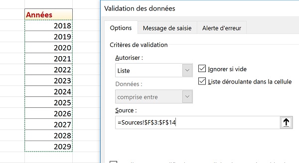 Liste déroulante Excel pour choix des années du calendrier à construire automatiquement