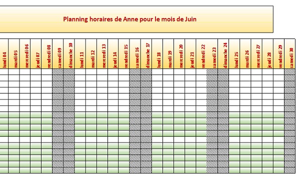 Planning Excel des heures de travail des salariés créé automatiquement prêt pour impression