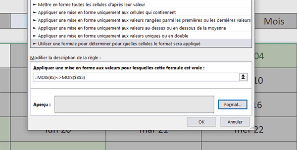 Règle de mise en forme conditionnelle Excel pour masquer les dates hors mois