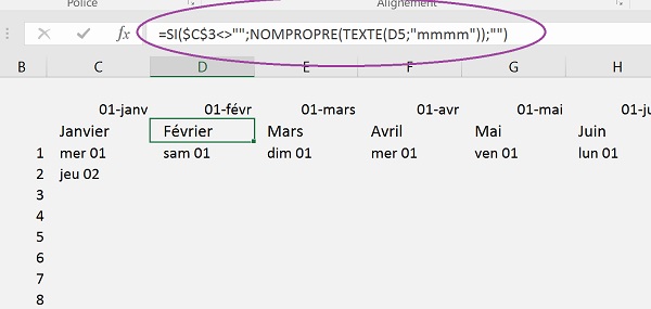 Construction des en-têtes du calendrier, conversion des dates en mois convertis en textes