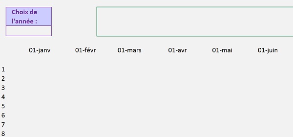 Structure départ feuille Excel pour construction du calendrier automatique sans code VBA