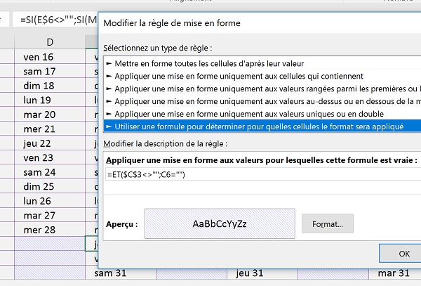 Mise en forme conditionnelle Excel pour hachurer les dates dépassant la fin des mois dans le calendrier