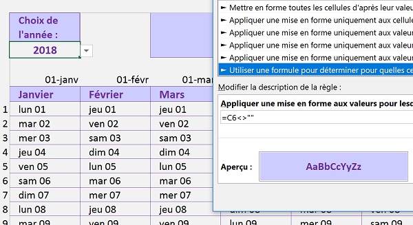 Mise en valeur dynamique des mois du calendrier annuel en en-tête du tableau Excel