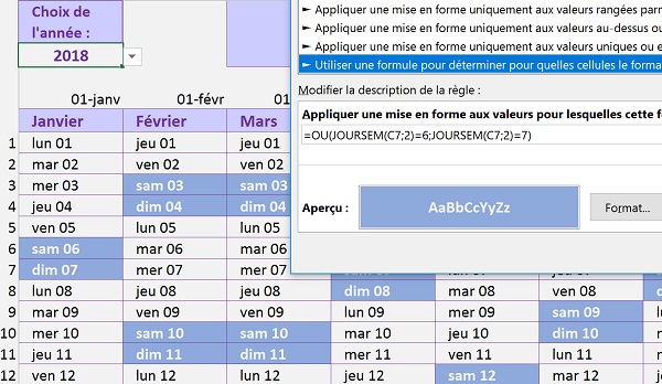 Reconnaissance automatique des jours de Week End dans la construction dynamique du calendrier annuel Excel