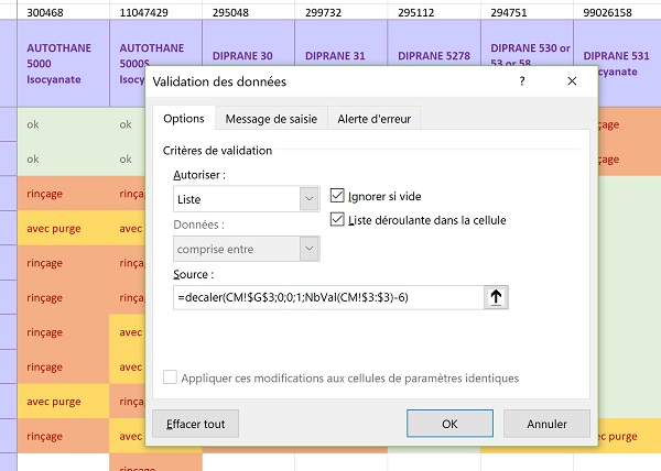 Formule Excel pour décaler les bornes de la source de données afin de construire une liste déroulante dynamique