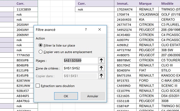 Extraire données non communes répertoriées en comparant deux tableaux Excel