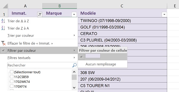 Filtrer par code couleur dynamique pour regrouper les données non correspondantes extraites lors de la comparaison