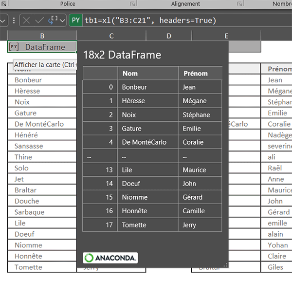 DataFrame Python pour représenter le premier des deux tableaux Excel à comparer