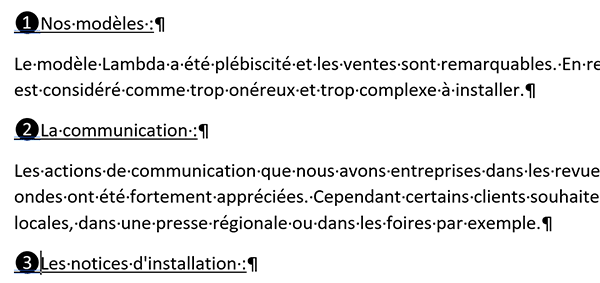 Puces graphiques numérotées pour énumération des paragraphes grâce aux symboles Word