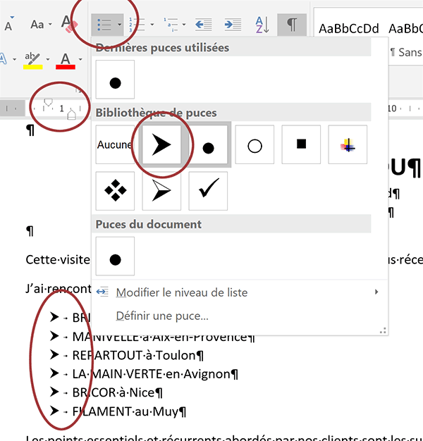 Paramétrer affichage et position des puces pour les listes énumérées Word