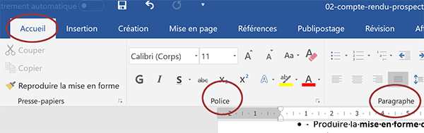 Ruban Accueil de Word pour outils de mise en forme de police et de paragraphes