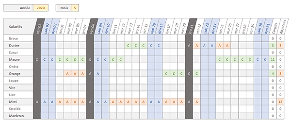 Calendrier Excel mensuel des congés et absences des salariés