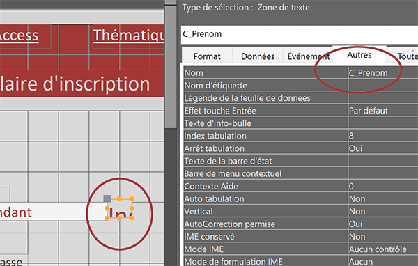 Noms des contrôles à piloter sur formulaire inscription Access