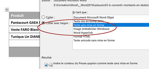 Coller une information Word avec liaison pour actualiser automatiquement les données lors des changements