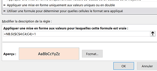 Règle de mise en forme conditionnelle Excel pour repérer automatiquement les doublons et répétitions