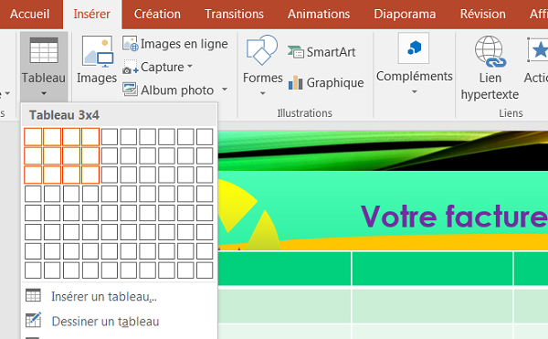 Insérer un tableau pour présentation colonnes facturation dans Powerpoint