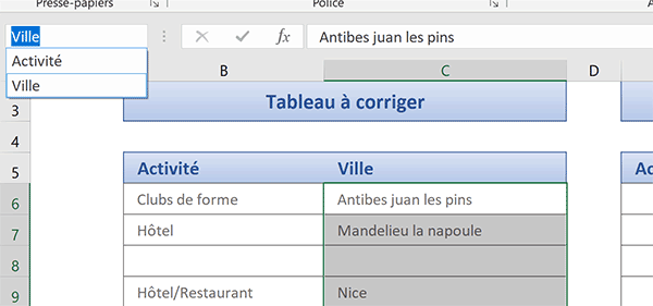 Noms des colonnes du tableau Excel à trous à éliminer