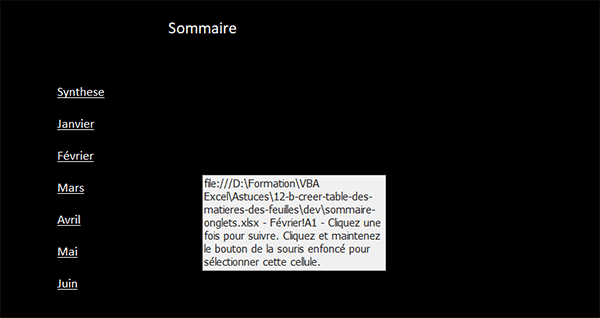 Créer une table des matières en fonction des noms de feuille en VBA Excel