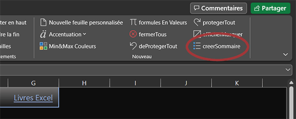 Nouveau bouton dans un ruban Excel pour créer des sommaires automatiques à partir des noms de feuilles