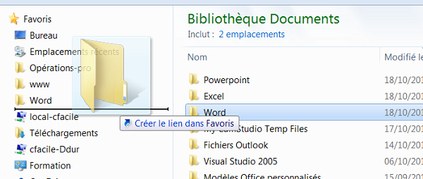 Ajouter raccourci de dossier contenant des fichiers dans les favoris