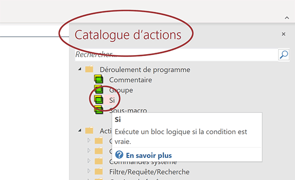 Catalogue des actions disponibles pour créer des macros Access