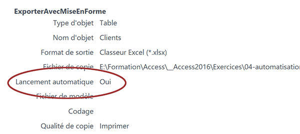 Action de macro Access pour ouvrir automatiquement un fichier de données exportées