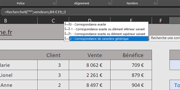 Mode de correspondance générique avec la fonction Excel RechercheX