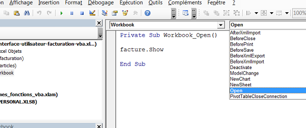 Code VBA événement ouverture classeur Excel