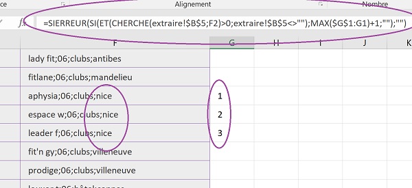 Repérer et marquer par numéro incrémenté les recherches textuelles fructueuses par calcul Excel