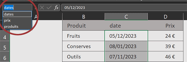 Noms des colonnes du tableau Excel pour extraction avec la fonction RechercheX