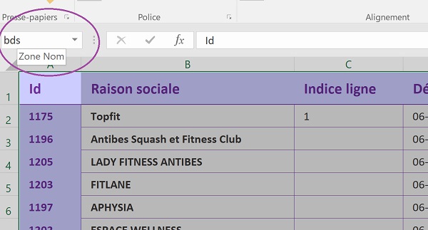 Nommer plage de cellules de base de données Excel pour faciliter extraction par formule
