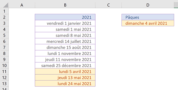 Calculer automatiquement les jours fériés des fêtes religieuses avec Excel en fonction de l-année choisie