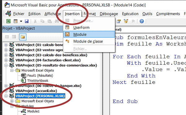 Ajouter un nouveau module VBA dans le modèle Excel