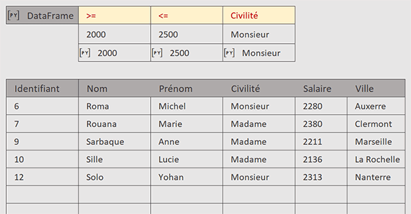 Extraire sur des critères recoupés par formule Python dans Excel